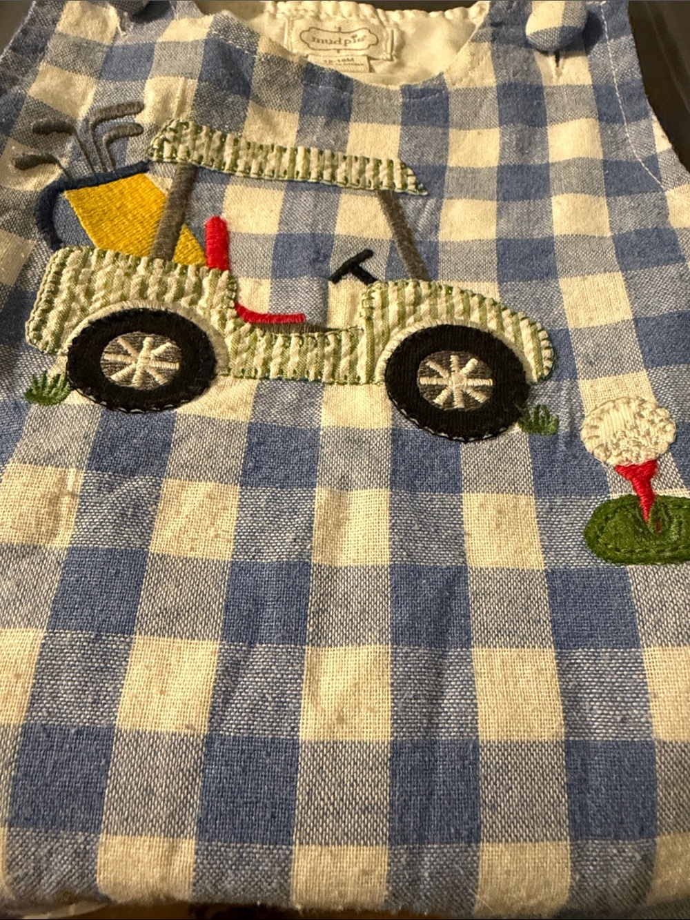 Mud Pie Boys Blue & White Checked Golf Cart Embroidered One-Piece Romper 12-18 - Picture 10 of 10